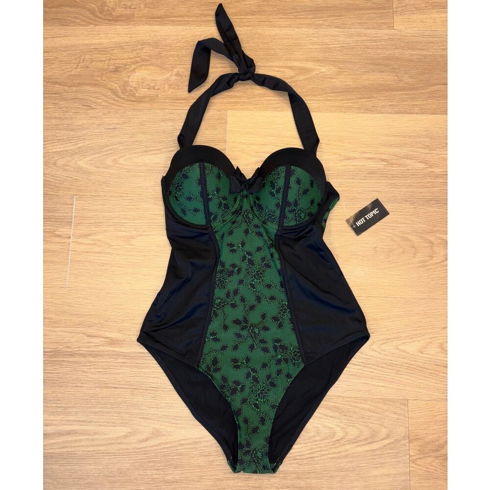 Hot Topic Green and black faux lace bodysuit womens size Large NWT